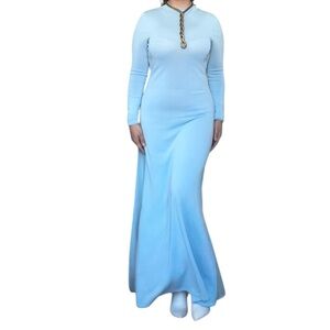 Zara Baby Blue Knit Maxi Dress Long Sleeve Draped Back Size M
